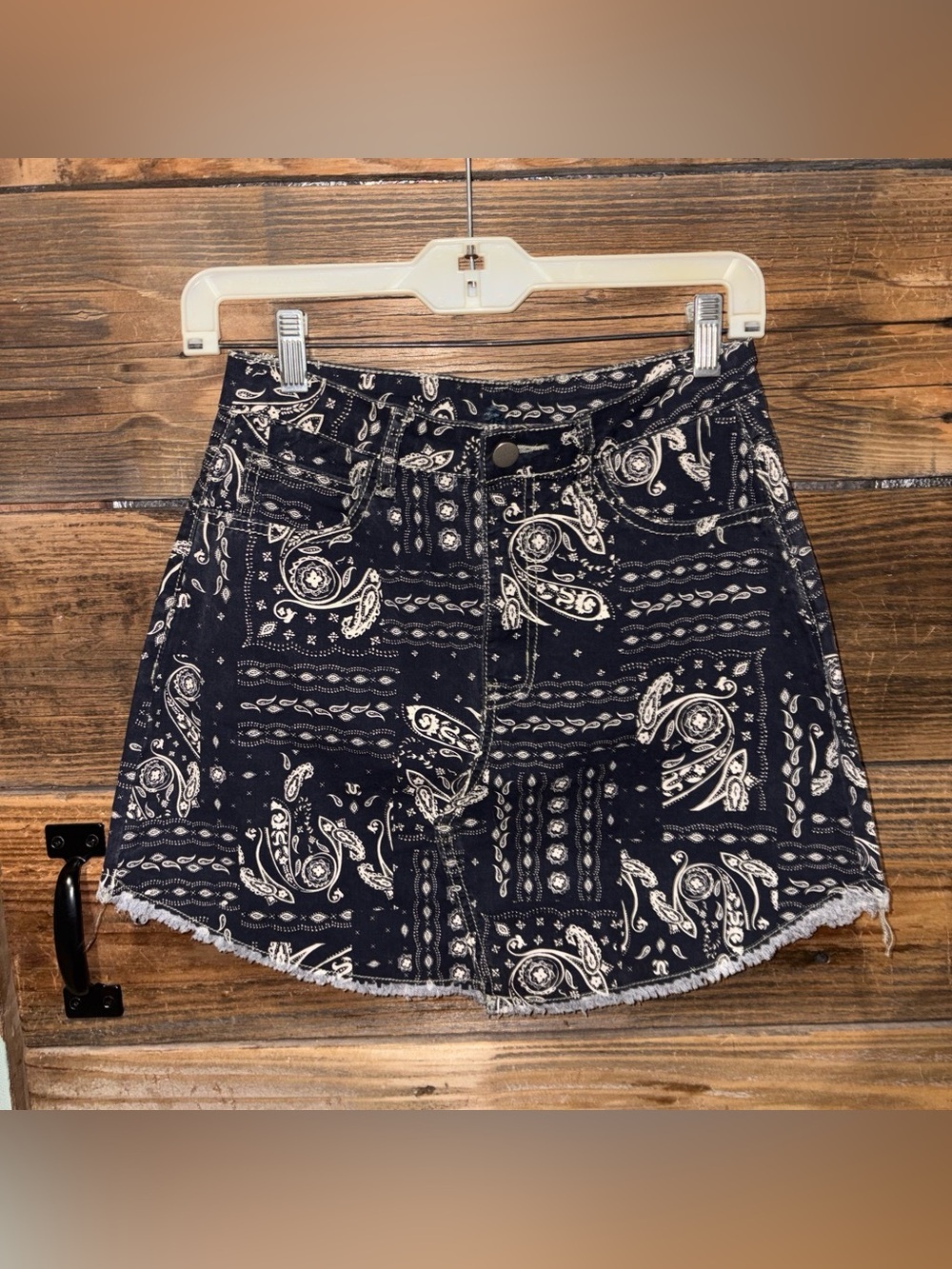 Paisley Print Denim Mini Skirt in Navy